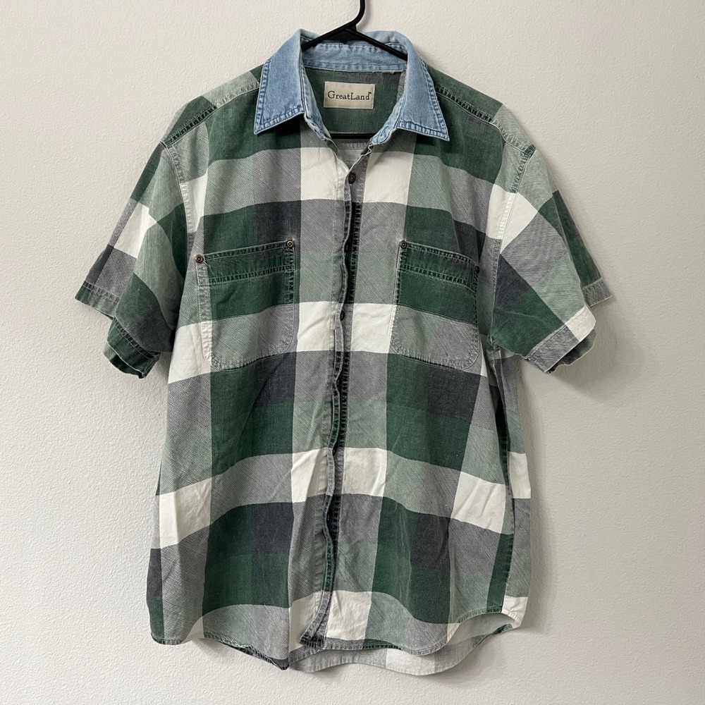 Vtg Great Land Mens XL Green Buffalo Plaid Button Up Shirt Denim Collar 90s